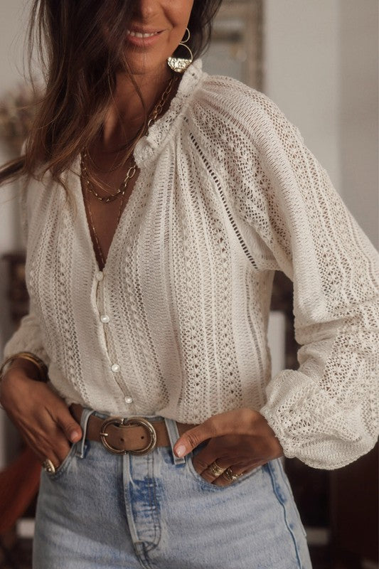 Crochet Lace button v-neck knit sweater blouse