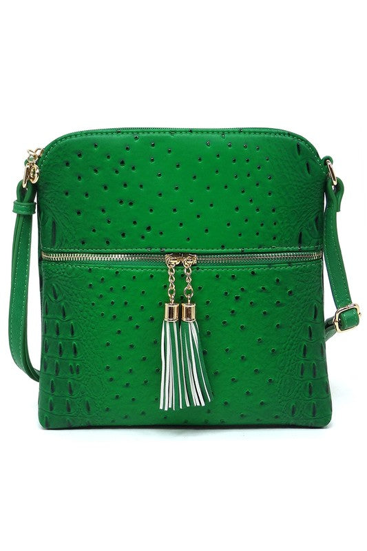 Ostrich Croc Zip Tassel Crossbody Bag