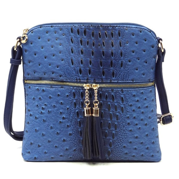 Ostrich Croc Zip Tassel Crossbody Bag